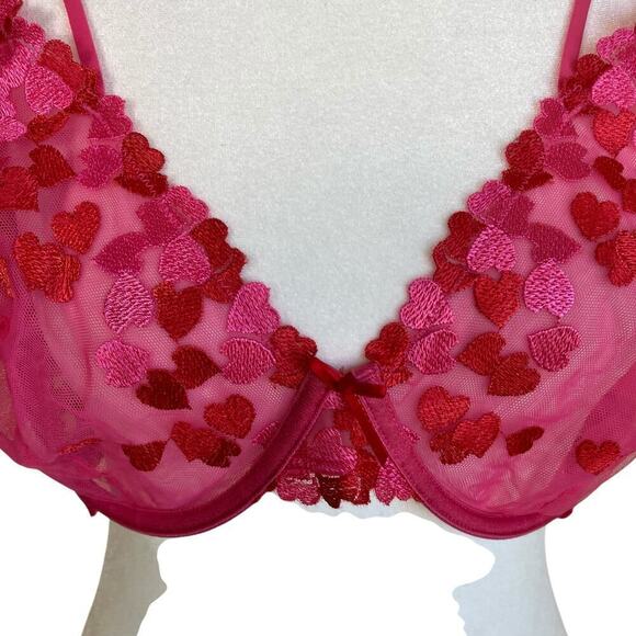 Love Vera 42C Embroidered Heart Strappy Underwire Mesh Bra Balconette Pink Red - Picture 6 of 16